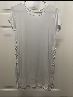 Takeout White Crewneck Swim Suit Cover-Up With Lacing Detail
